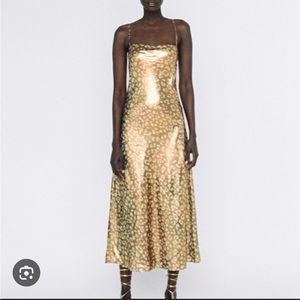 TAGS ON Zara Gold Animal Print Slip Dress